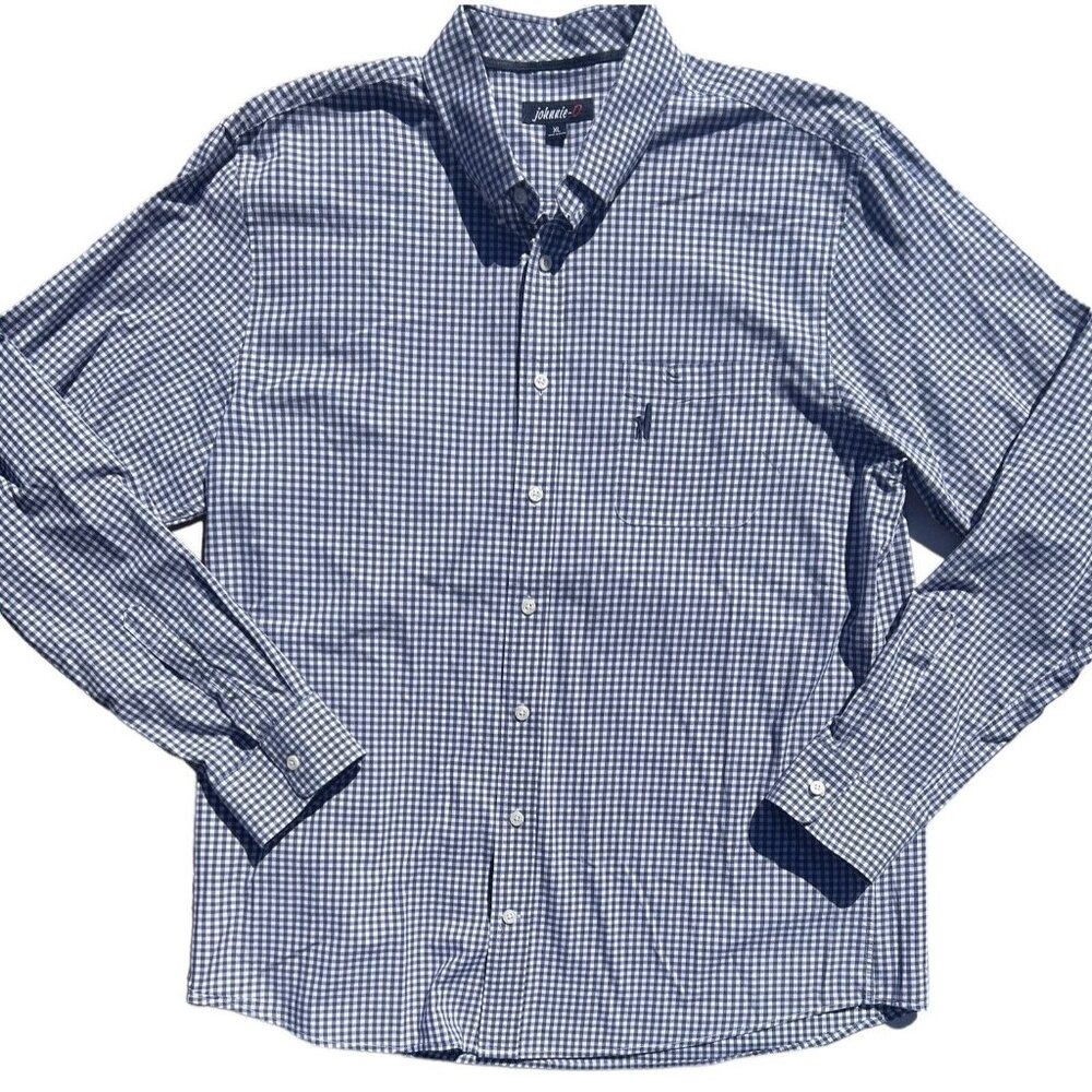 JOHNNIE-O Mens XL Button Up Shirt Blue Check Long Sleeved 100% Cotton ($138)